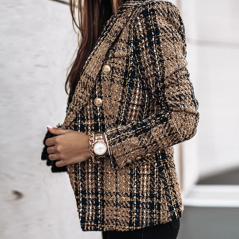 Women's Tweed Blazer - Double-Breasted - Tailored Fit - Textured Check Pattern