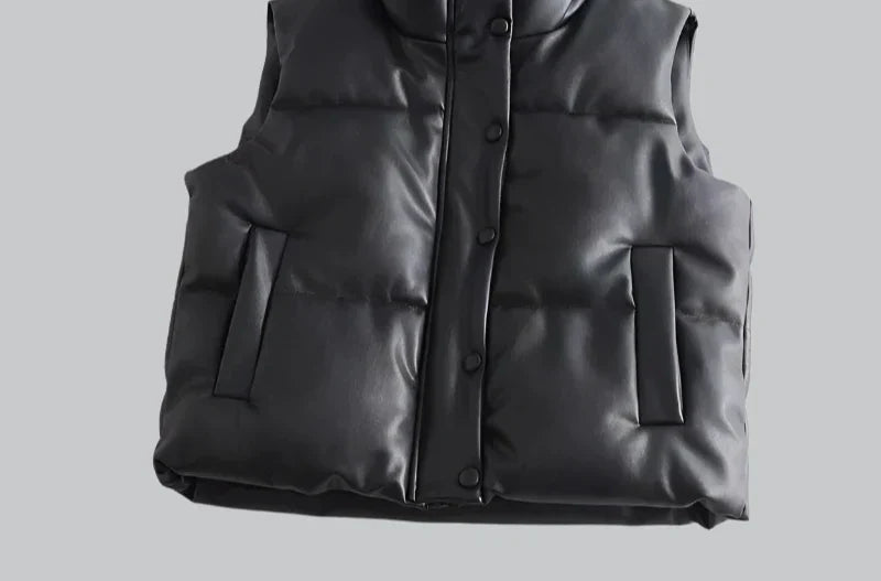 PU leather stand collar vest jacket for women