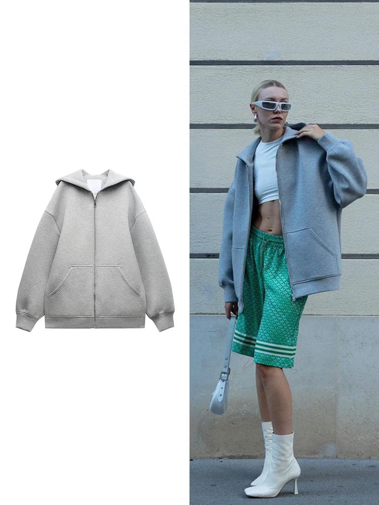 TRAF Women's Gray Long Sleeve Hooded Jacket with Zipper and Pockets