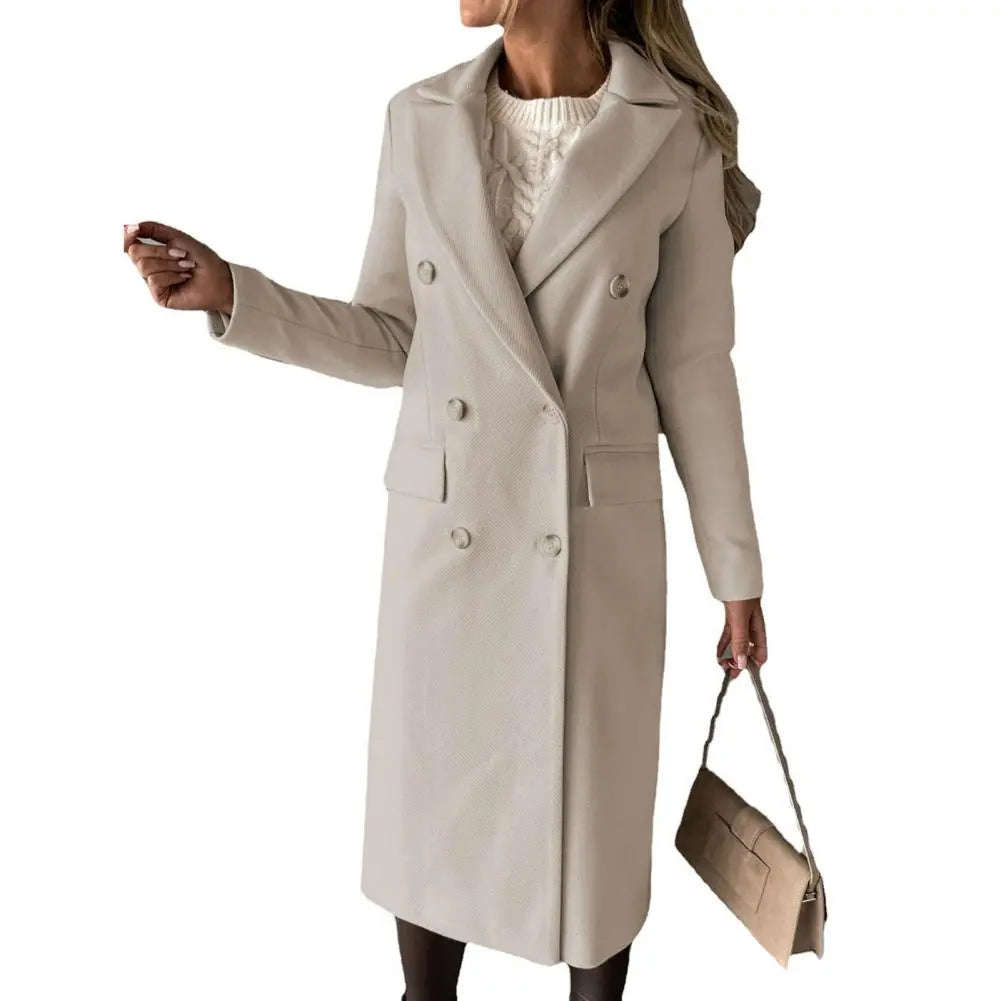 Women's Long Coat - Double Breasted - Tailored Fit - Notched Lapels - Formal Elegant Wear