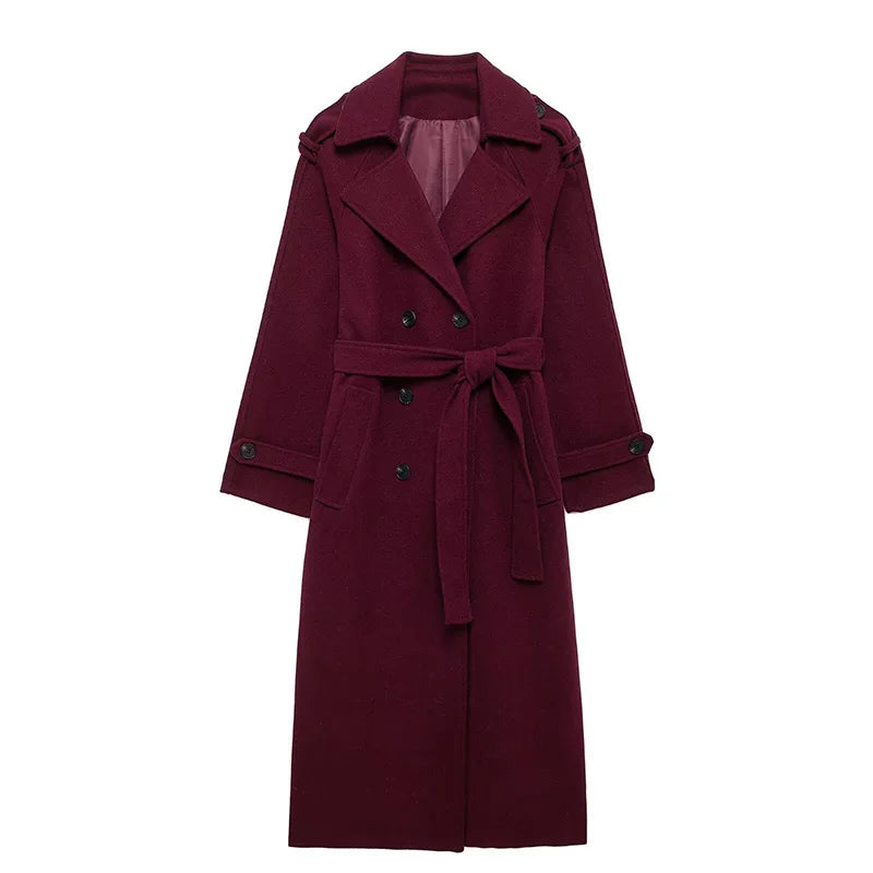 Women's Wool Overcoat with Belt - Elegant Street Style Lapel Design, Full Sleeve Long Coat