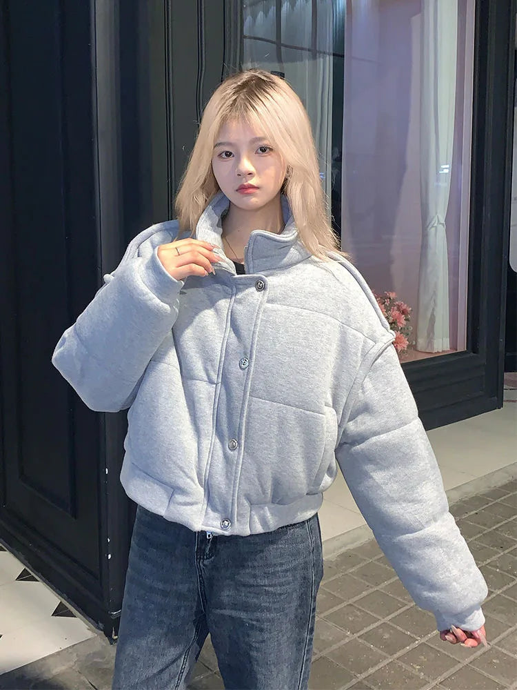 Women's Loose-Fit Thickened Grey Cotton Parka Jacket with Stand Collar