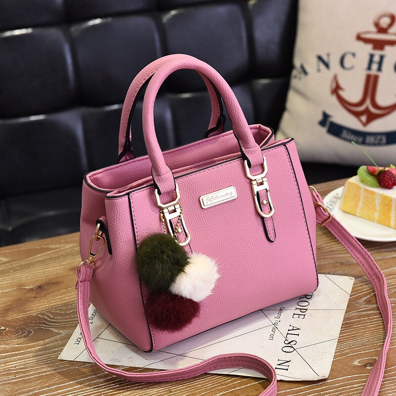 Ladies bag - leather handbag with 3 soft plush balls