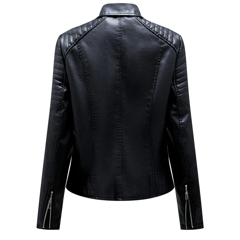 Women's Faux Leather Zipper Jacket with Front Pocket