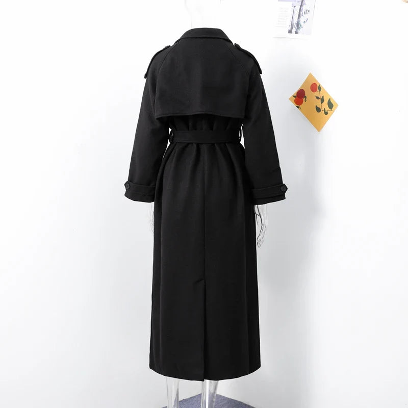 Women's Wool Overcoat with Belt - Elegant Street Style Lapel Design, Full Sleeve Long Coat