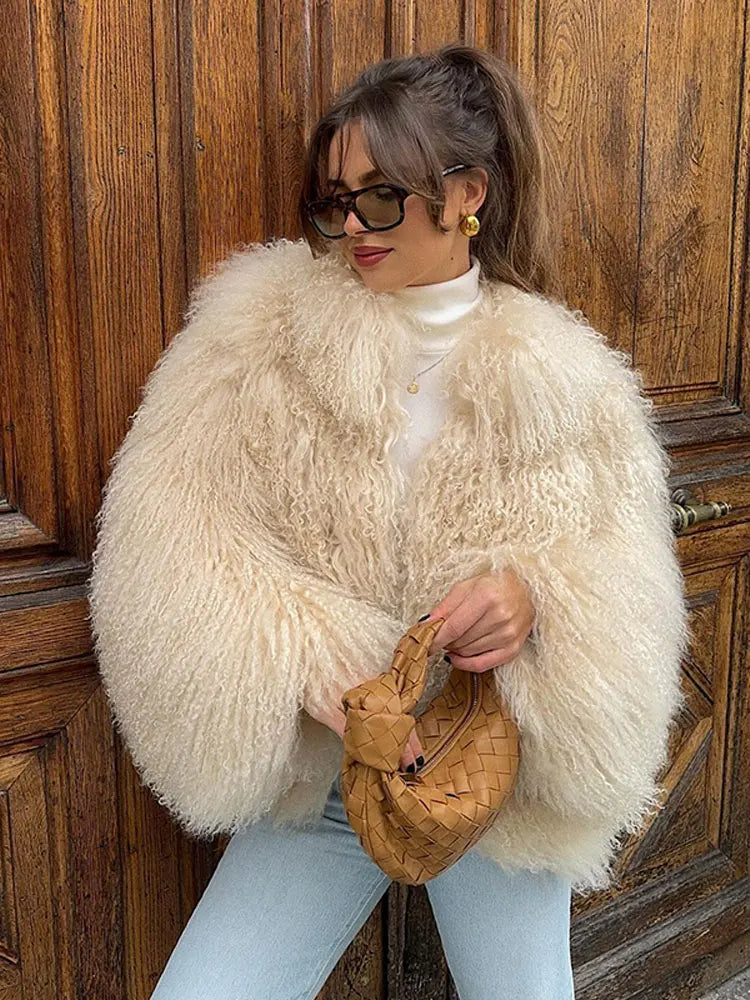 Women's Elegant Long Sleeve Furry Faux Fur Coat with Round Neck