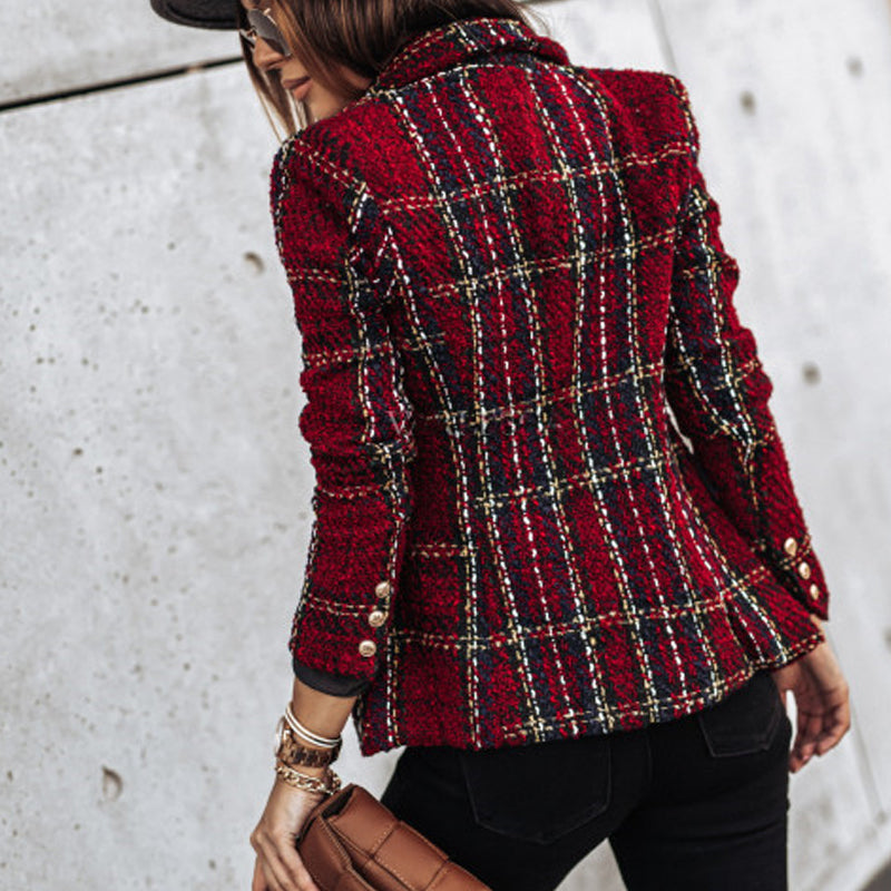 Women's Tweed Blazer - Double-Breasted - Tailored Fit - Textured Check Pattern