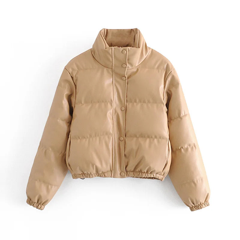 Women's Short PU Leather Parka -  Cotton Padded Down Jacket