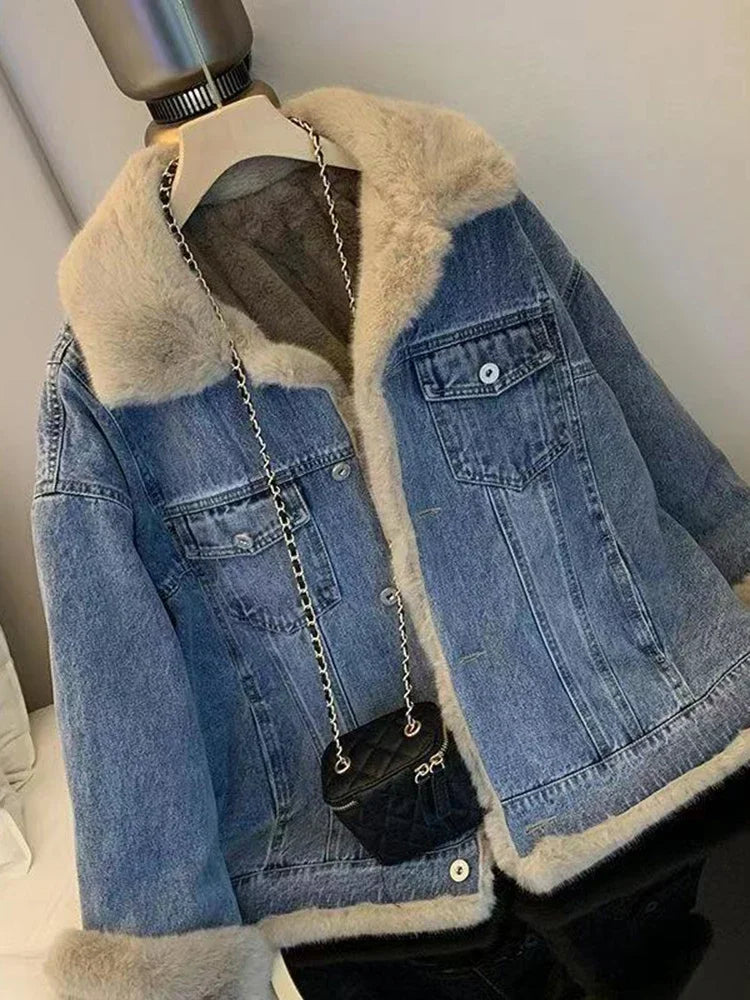 Fleece-Lined Denim Jacket for Women with Loose Fit and Fur Collar