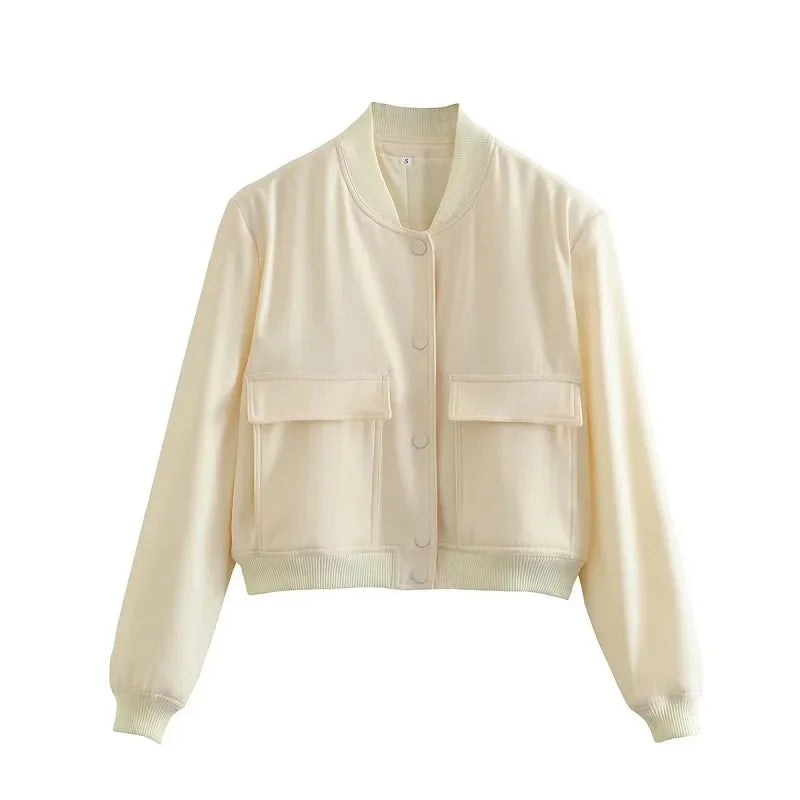 Women's Cropped Bomber Jacket - Button-Up  Outerwear with Long Sleeves