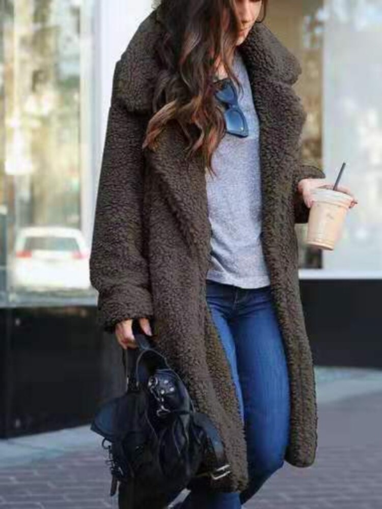 Women's Shearling Coat - Wide Lapel - Open Front - Soft Textured Warm Outerwear