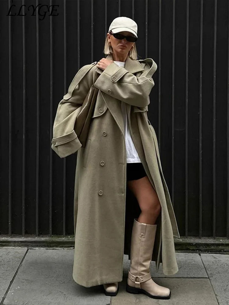 Women's Wool Overcoat with Belt - Elegant Street Style Lapel Design, Full Sleeve Long Coat