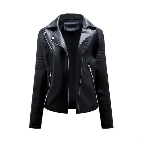 Women's Faux Leather Zipper Jacket with Front Pocket