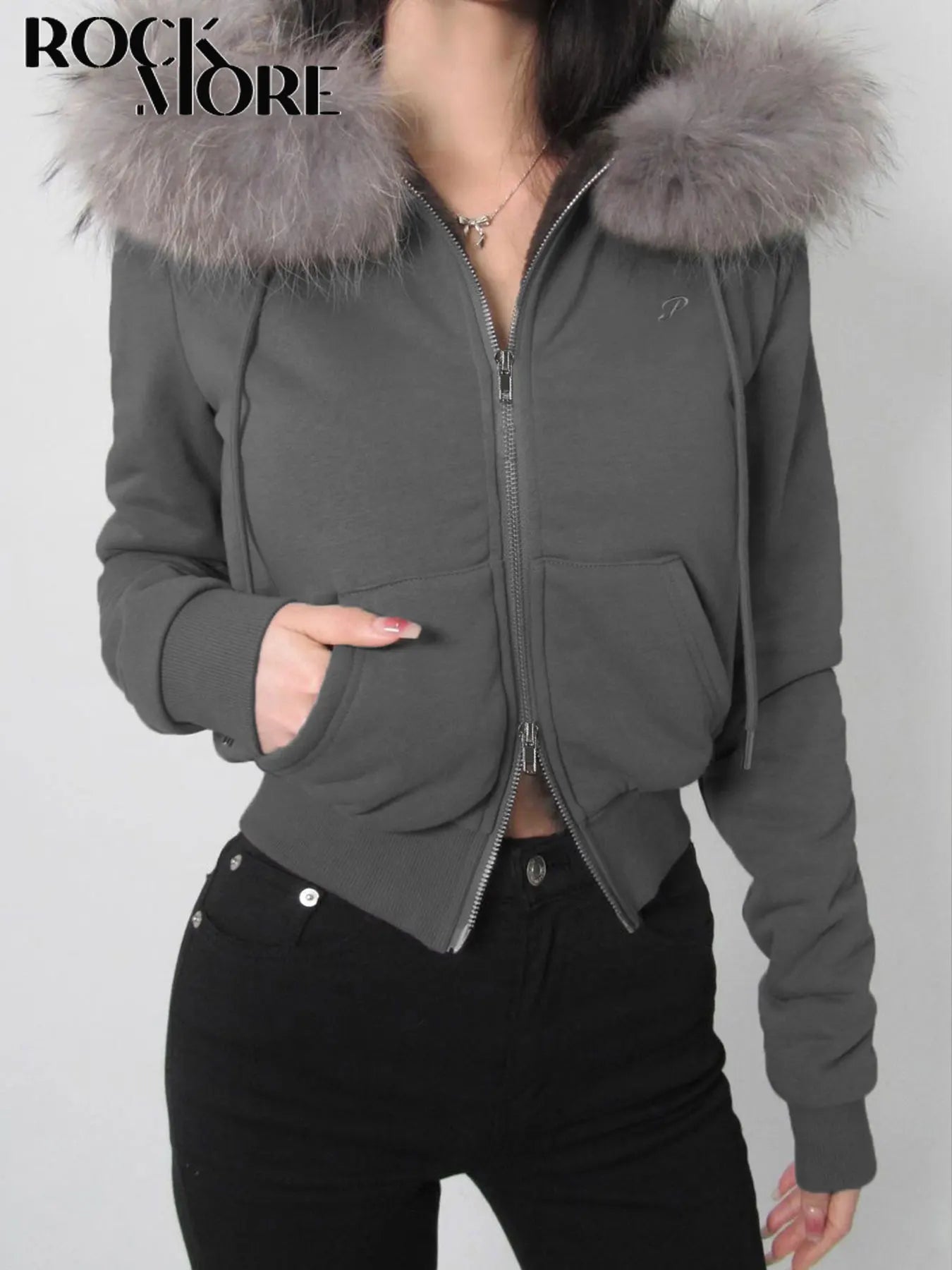 Women's Faux Fur Patchwork Hooded Jacket with Letter Embroidery and Zipper