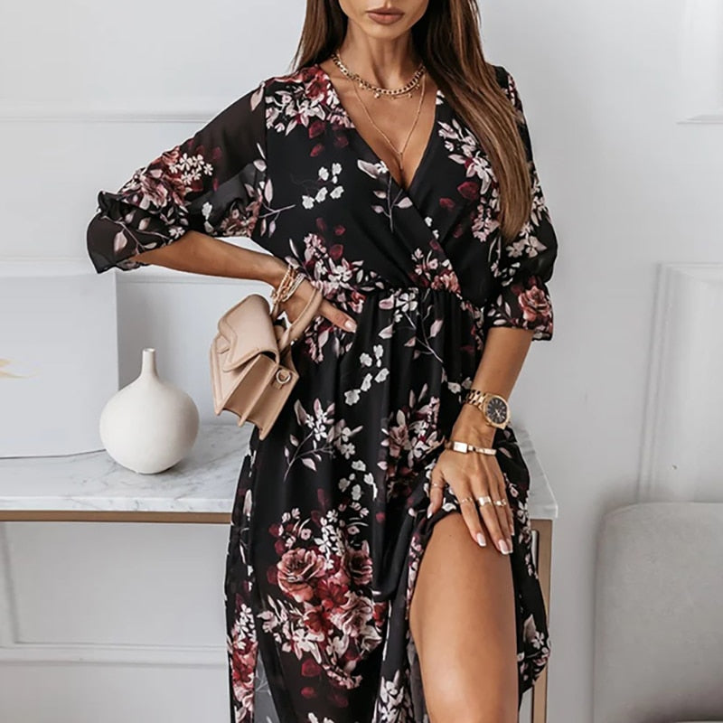 V-neck soft fit slit dress