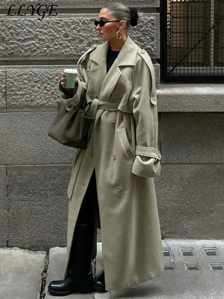 Chic Women's Wool Overcoat with Belt - Long Sleeve Lapel Coat