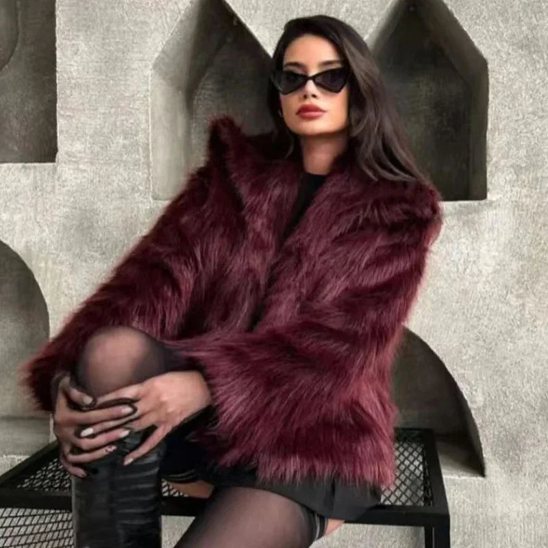 Women’s Plush Faux Fur Crop Jacket - Long Sleeve Stylish Coat