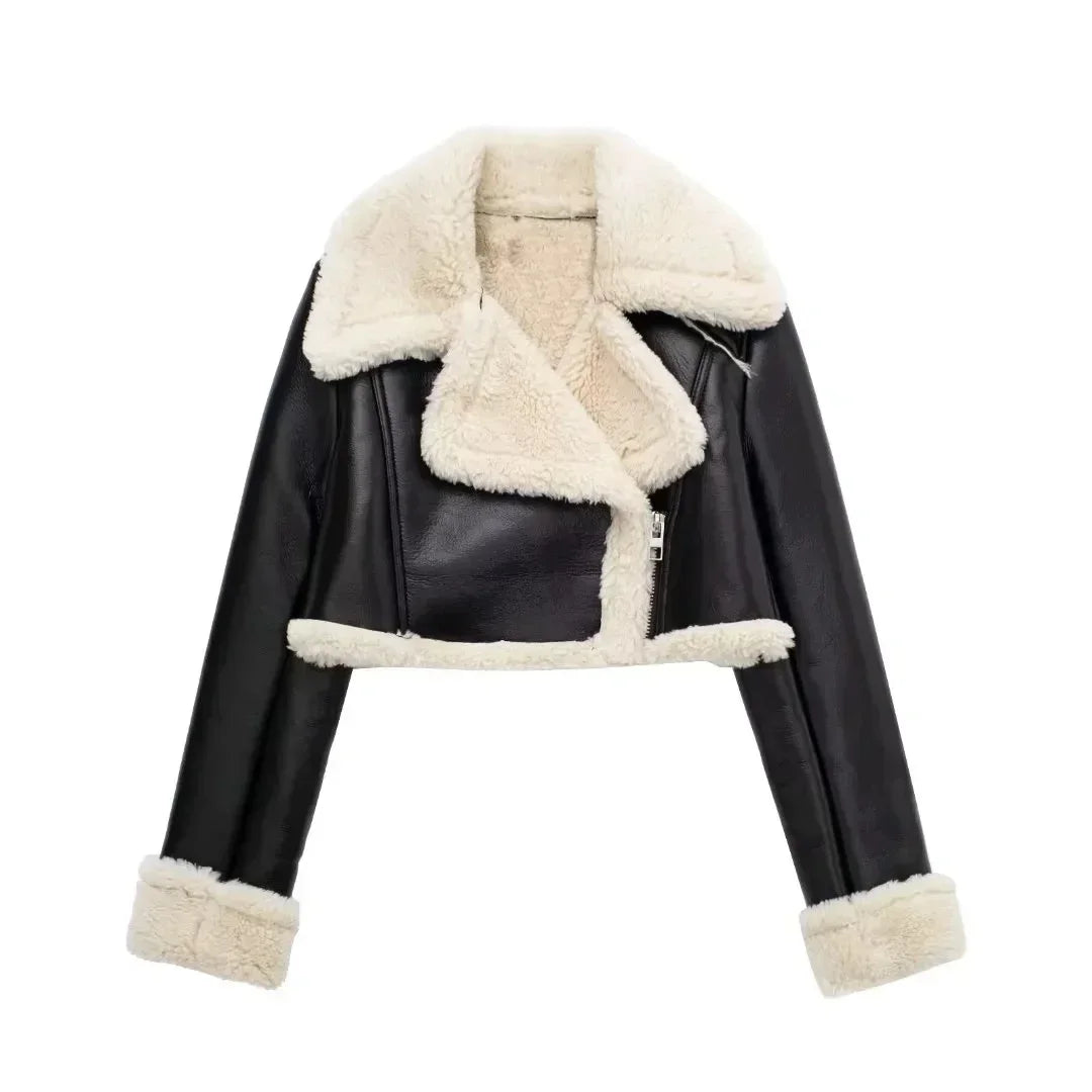 Women's Black Cropped Faux Leather Jacket with Wool Blend