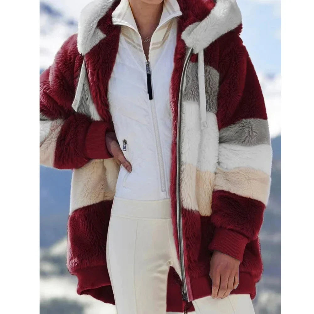 Oversized Hooded Plush Jacket for Women - Winter Outwear