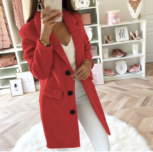 Women's Tailored Coat - Wool Blend - Notch Lapel - Mid Length - Button Closure