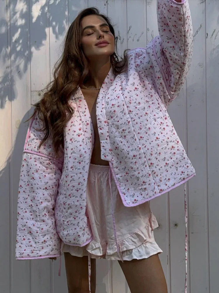 Floral Print Loose-Fit Pink Lace-Up Jacket for Women