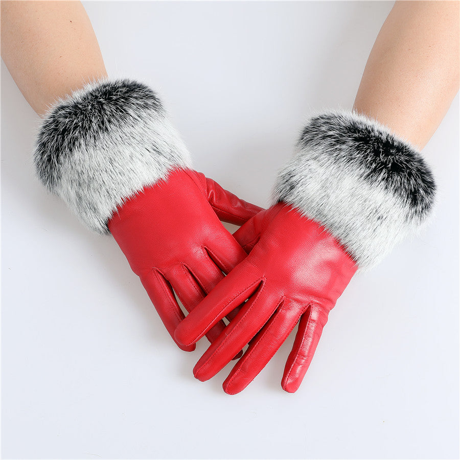 Genuine lamb leather gloves with rabbit fur cuffs | Ladies leather gloves