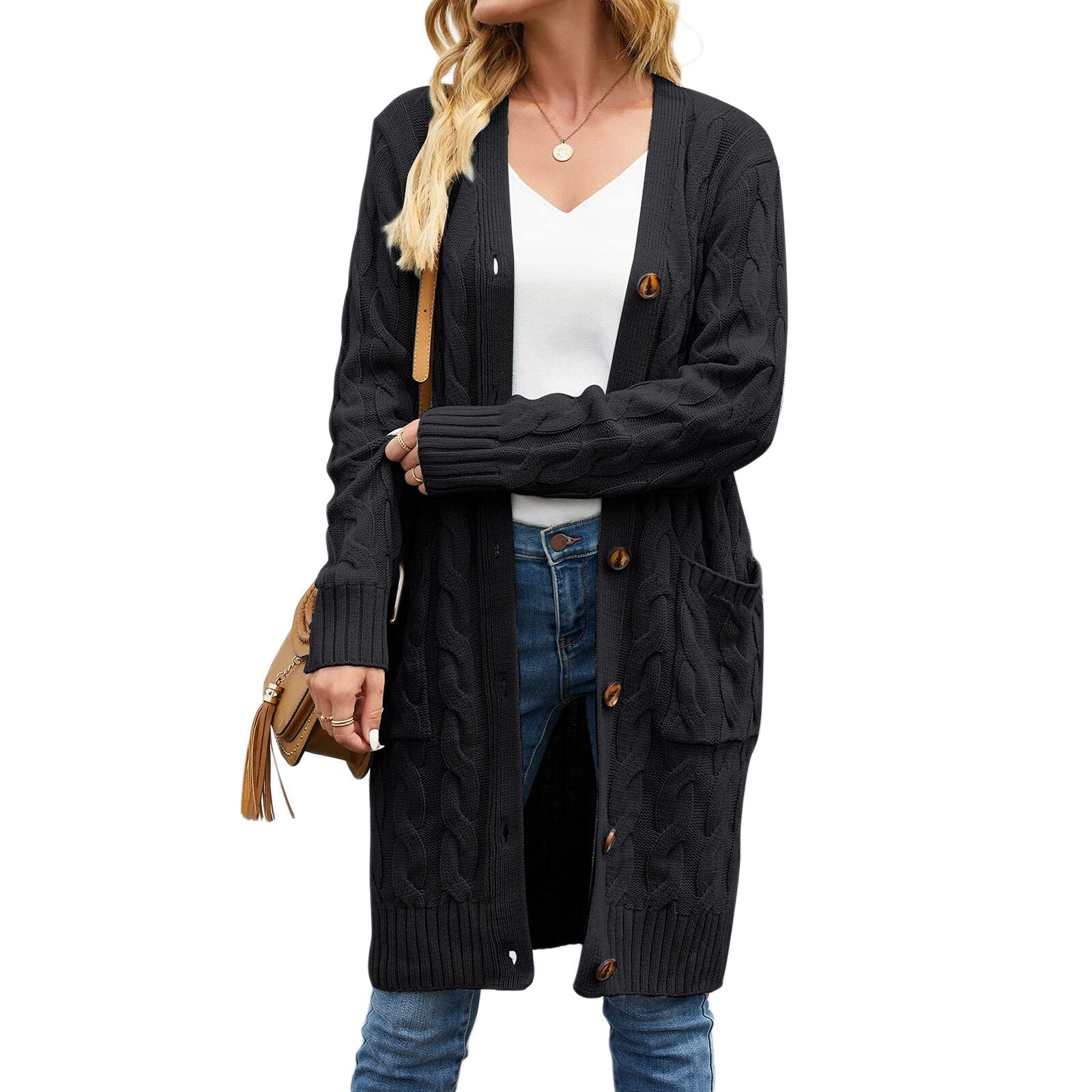 Casual long sleeve knitted coat - women's cardigan with pockets for spring and autumn