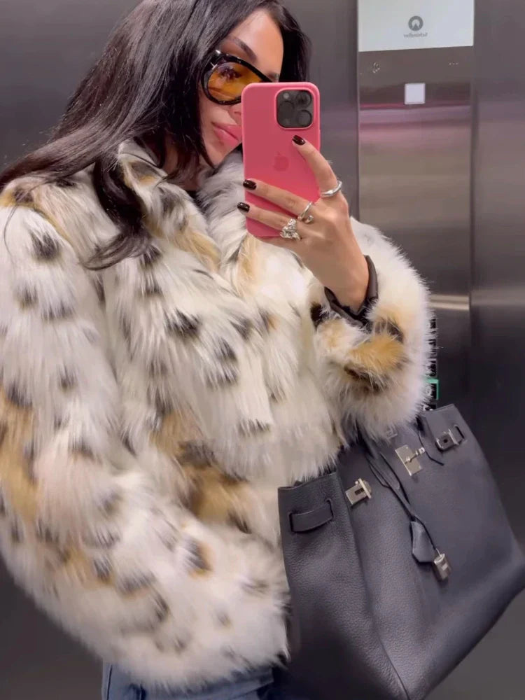 Women's Faux Fur Jacket - Animal Print - High Collar - Cropped Length - Relaxed Fit
