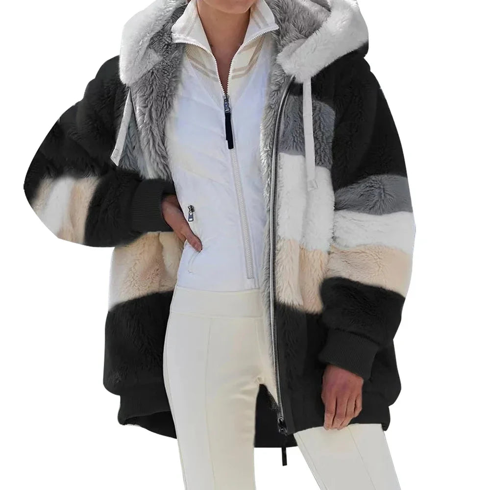 Oversized Hooded Plush Jacket for Women - Winter Outwear