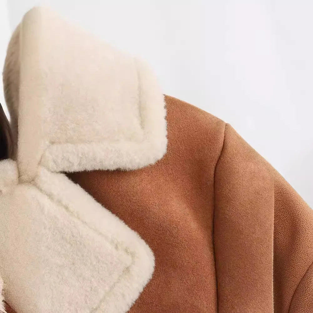 Women's Shearling Coat - Suede Finish - Notched Lapel - Button Front - Patch Pockets