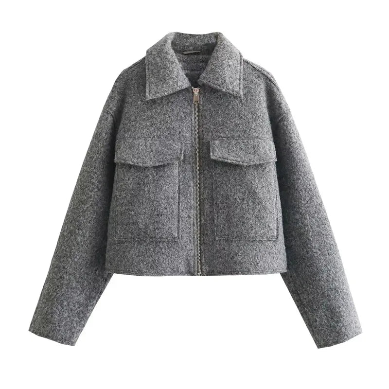Women's Cropped Tweed Jacket - Boxy Fit - Zip Closure - Long Sleeve - Chest Pockets