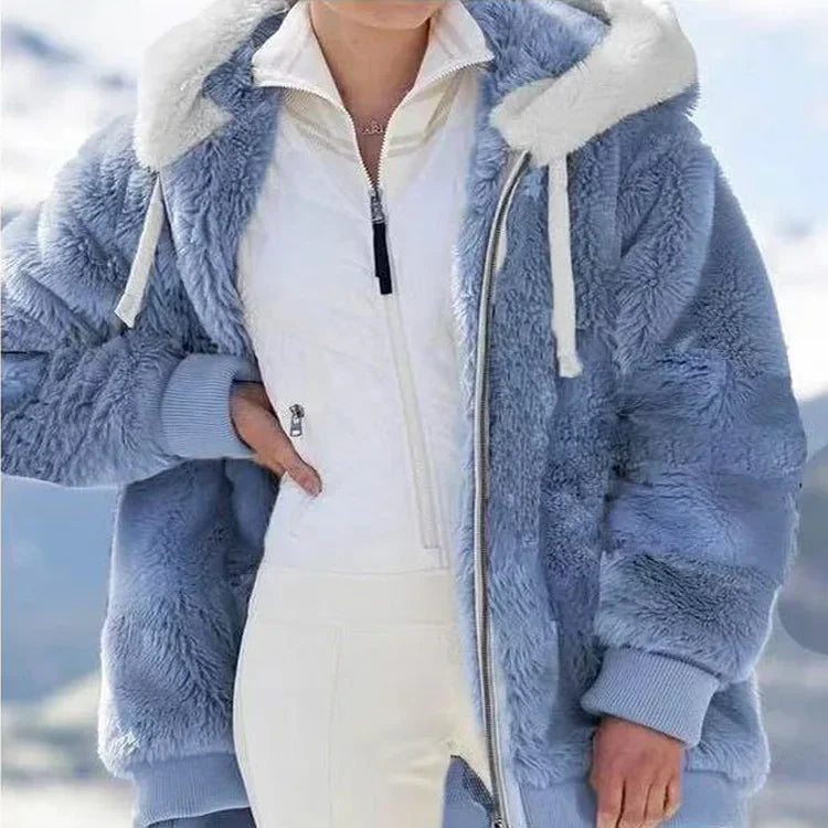 Oversized Hooded Plush Jacket for Women - Winter Outwear