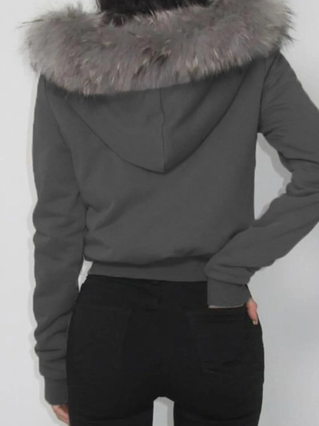 Women's Faux Fur Patchwork Hooded Jacket with Letter Embroidery and Zipper