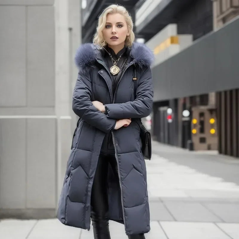 Faux fur collar quilted long winter jacket for women