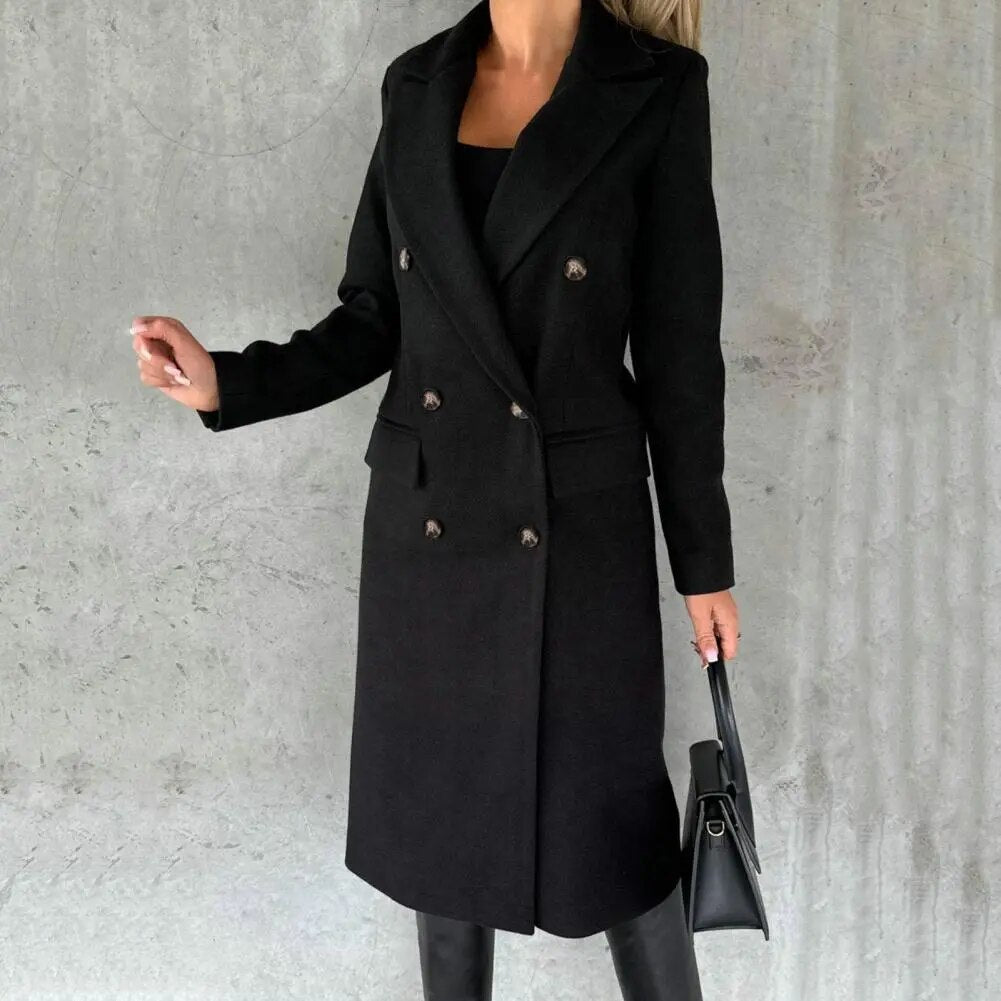 Women's Long Coat - Double Breasted - Tailored Fit - Notched Lapels - Formal Elegant Wear