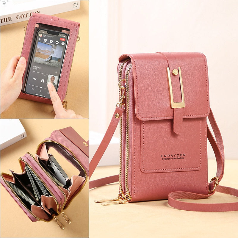 Leather smartphone clutch - ladies handbag with touchscreen window