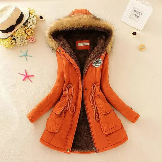 Women's Cotton Padded Hooded Parka Jacket with Embroidery - Various Colors