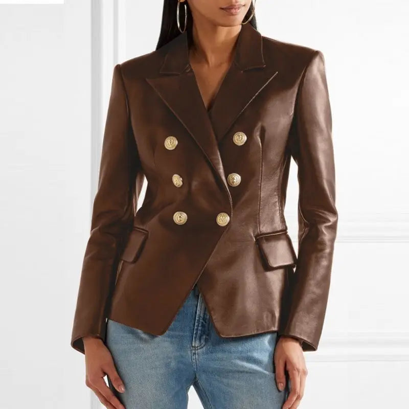 Tailored leather blazer with double button placket