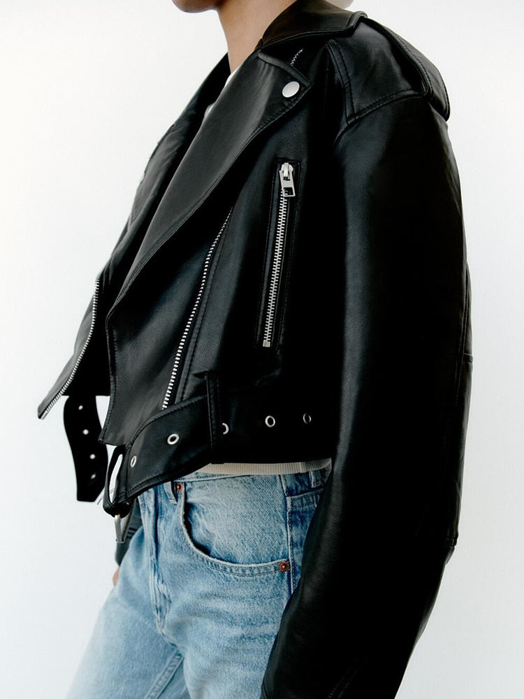 Women's jacket | biker style in vegan leather with belt and zip