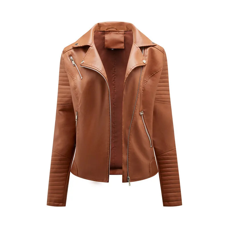 Women's Faux Leather Zipper Jacket with Front Pocket