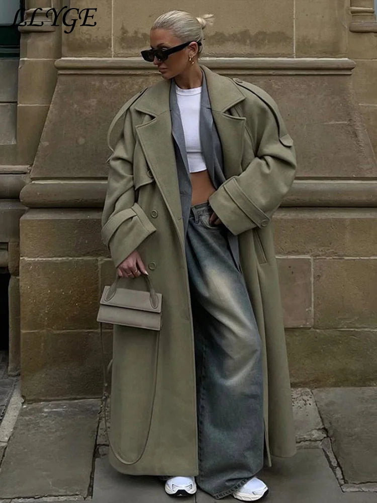 Women's Wool Overcoat with Belt - Elegant Street Style Lapel Design, Full Sleeve Long Coat