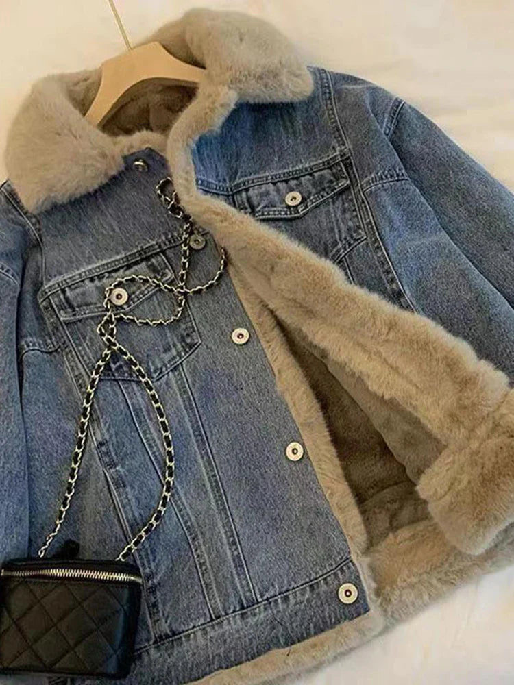 Fleece-Lined Denim Jacket for Women with Loose Fit and Fur Collar