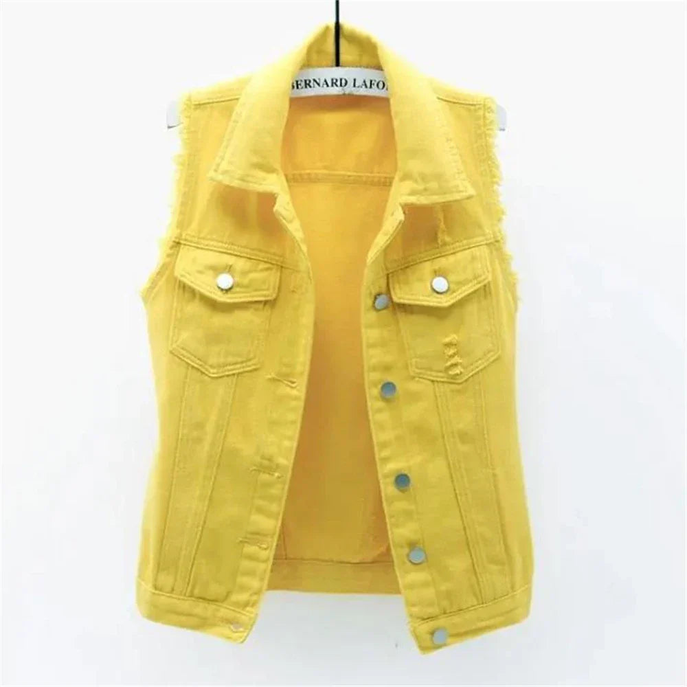 Women's Denim Vest - Sleeveless Frayed Edge - Button-Up - Classic Collar - Casual Fit