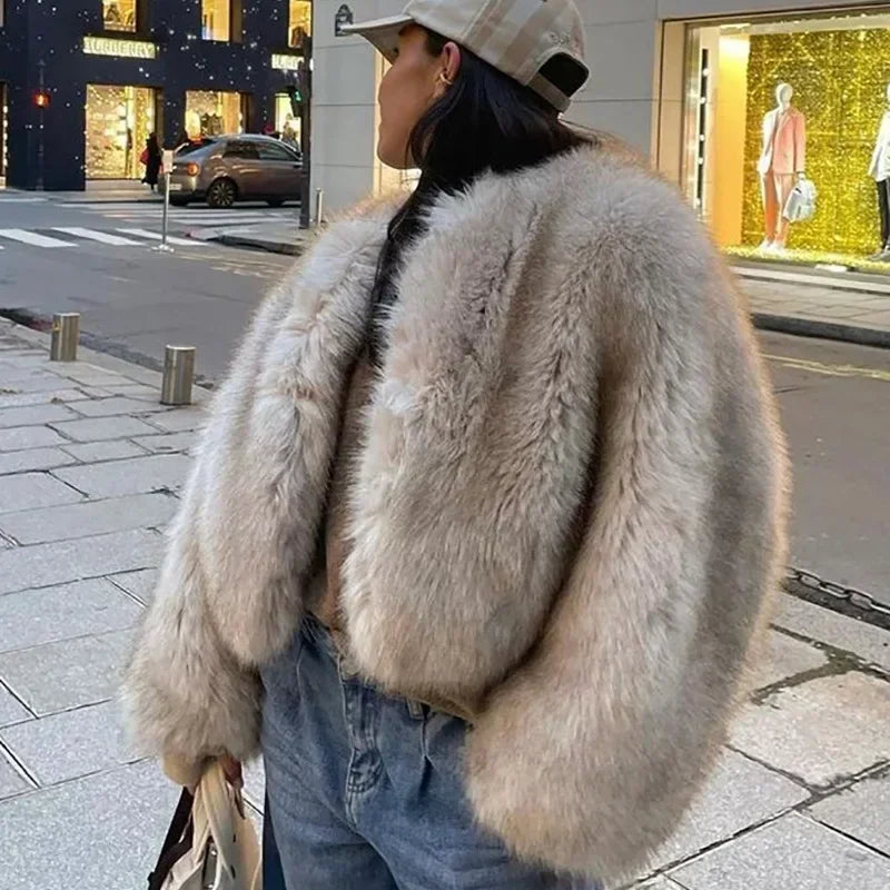 Elegant Women's Long Sleeve Loose Thick Faux Fur Coat