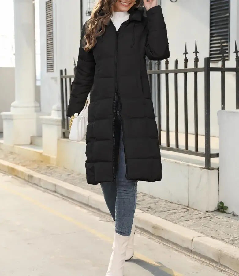 Women's Puffer Coat - Knee Length Quilted - Hooded Warm Insulated Jacket