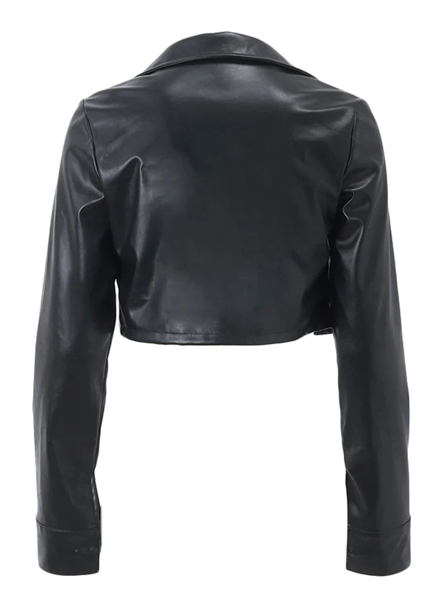 Women's Black Casual Crop Faux Leather Jacket with Long Sleeves and Button Closure