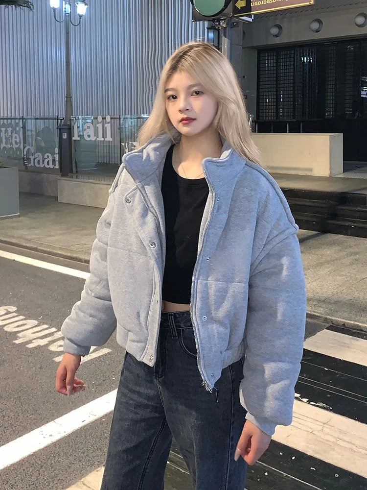 Women's Loose-Fit Thickened Grey Cotton Parka Jacket with Stand Collar