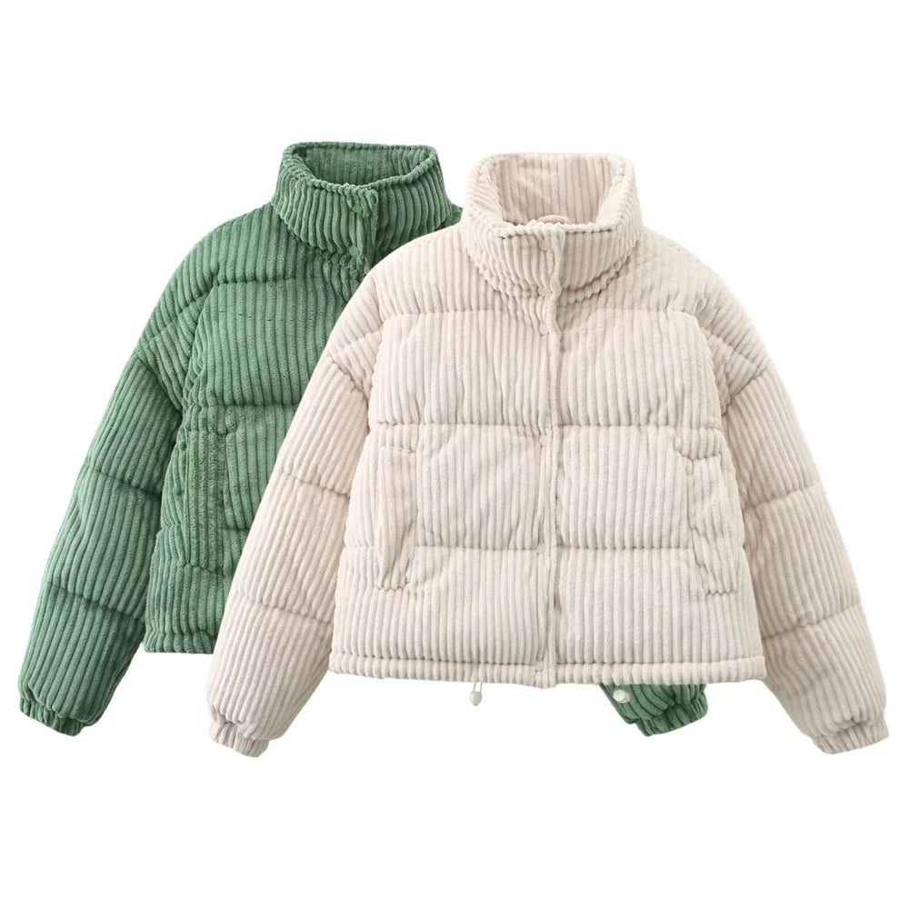 Women's Corduroy Puffer Jacket - High Neck - Quilted Warm Insulated - Zip Closure