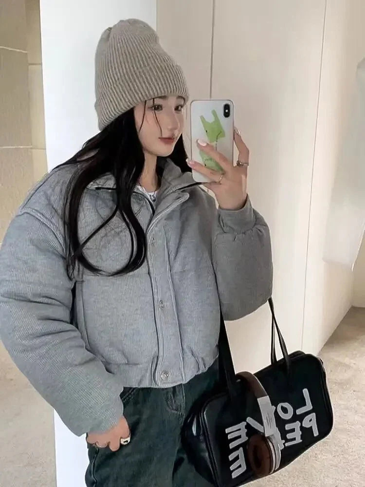 Women's Loose-Fit Thickened Grey Cotton Parka Jacket with Stand Collar