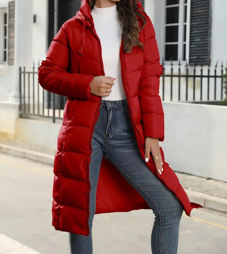 Women's Puffer Coat - Knee Length Quilted - Hooded Warm Insulated Jacket